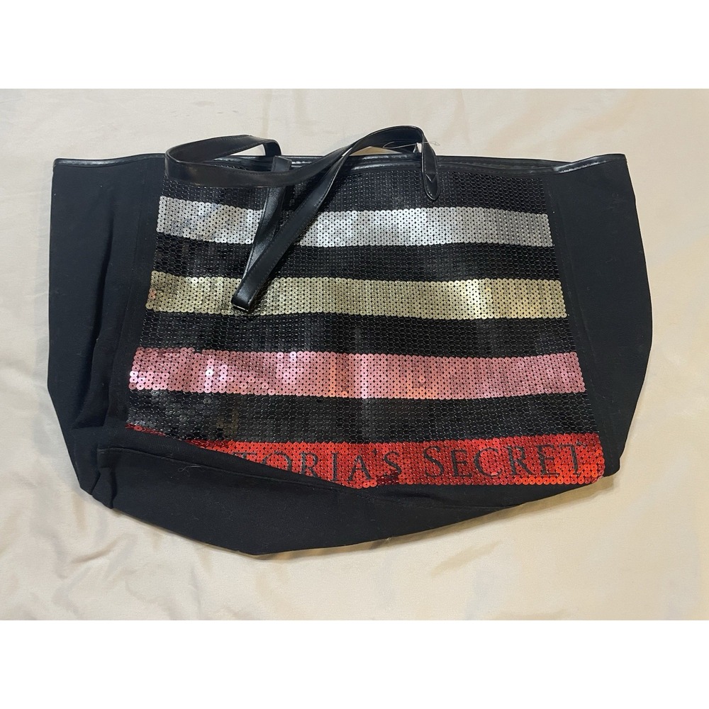 VICTORIA'S SECRET BLACK SEQUIN STRIPE WEEKENDER BAG CARRY ON LARGE TOTE